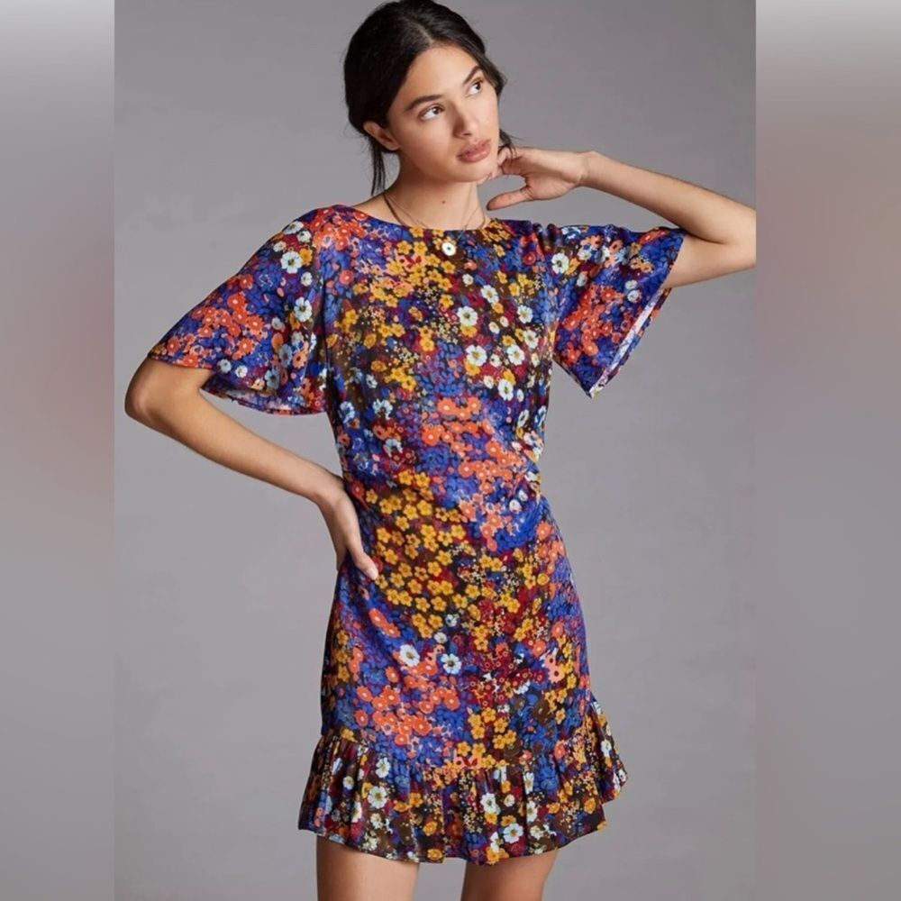 Anthropologie Ruffled Satin Floral Mini Dress-NN5